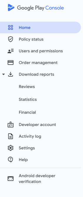 Google Play Console home with app list