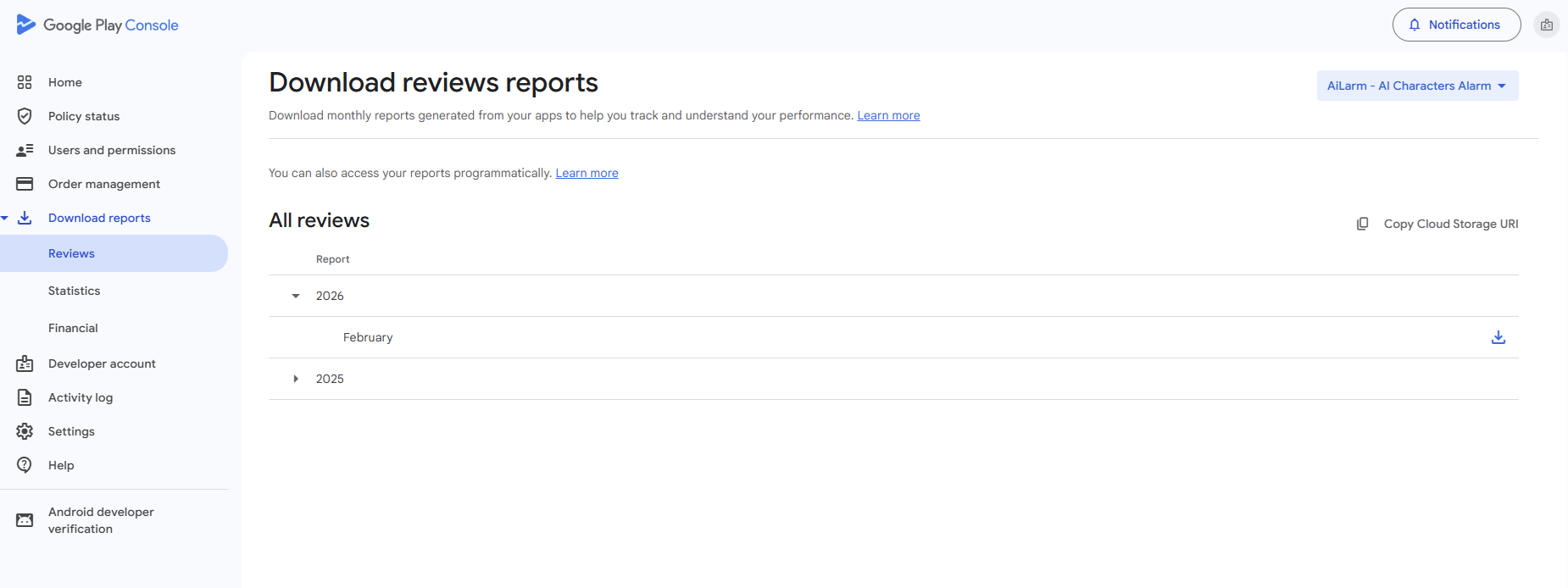 Download reviews reports page in Google Play Console