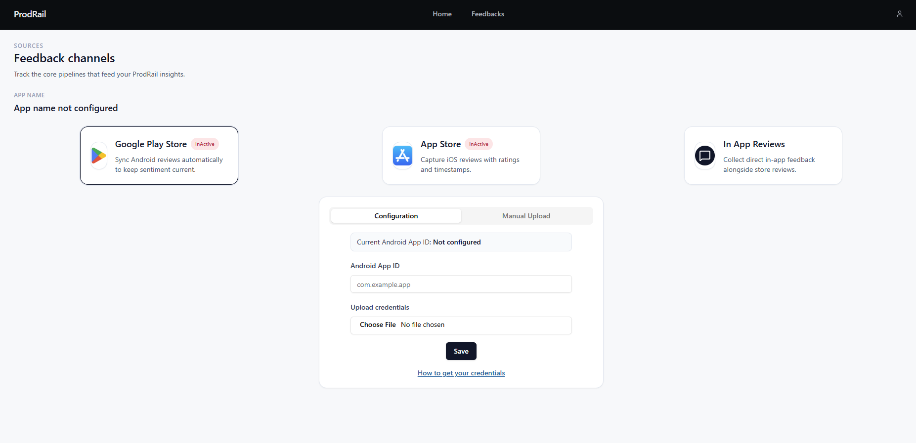 ProdRail Sources page Play Store configuration step